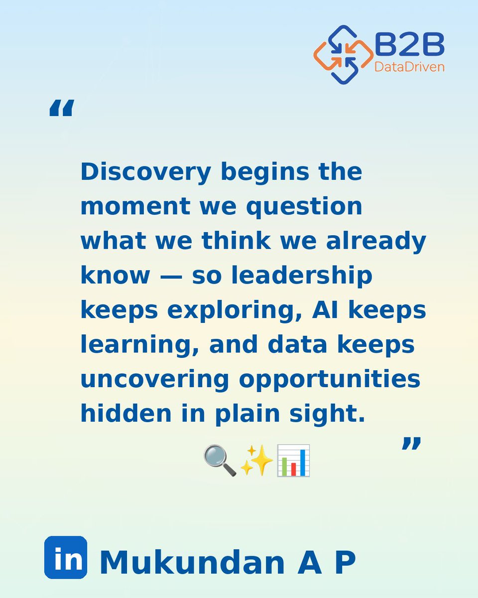 Discovery is the first step to innovation.

Leaders explore.
AI learns.
Data reveals. 🔍📊

#Discovery #Leadership #AI #DataScience #B2B3DM