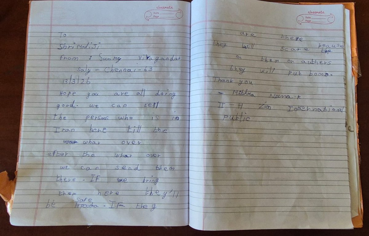 keepkwizing's tweet photo. While discussing the West Asia war and bombings that killed children in schools, my 7-year-old daughter suggested bringing all kids from Iran to India till the war ends, so they can be safe and unharmed. I asked her to write to our PM @narendramodi @PMOIndia https://t.co/AaGzr6vxAN