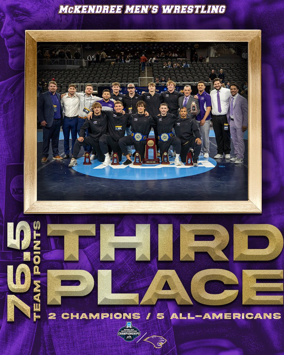 McKWrestling's tweet photo. 🏆🐾More Hardware coming home with your Bearcats ➡️ 3rd Place as a Team with 5️⃣ AAs and 2️⃣ National Champs! 😤

#WeAreMcK #D2wrestle 
#BearcatsUnleashed https://t.co/MG6OdBR5s7