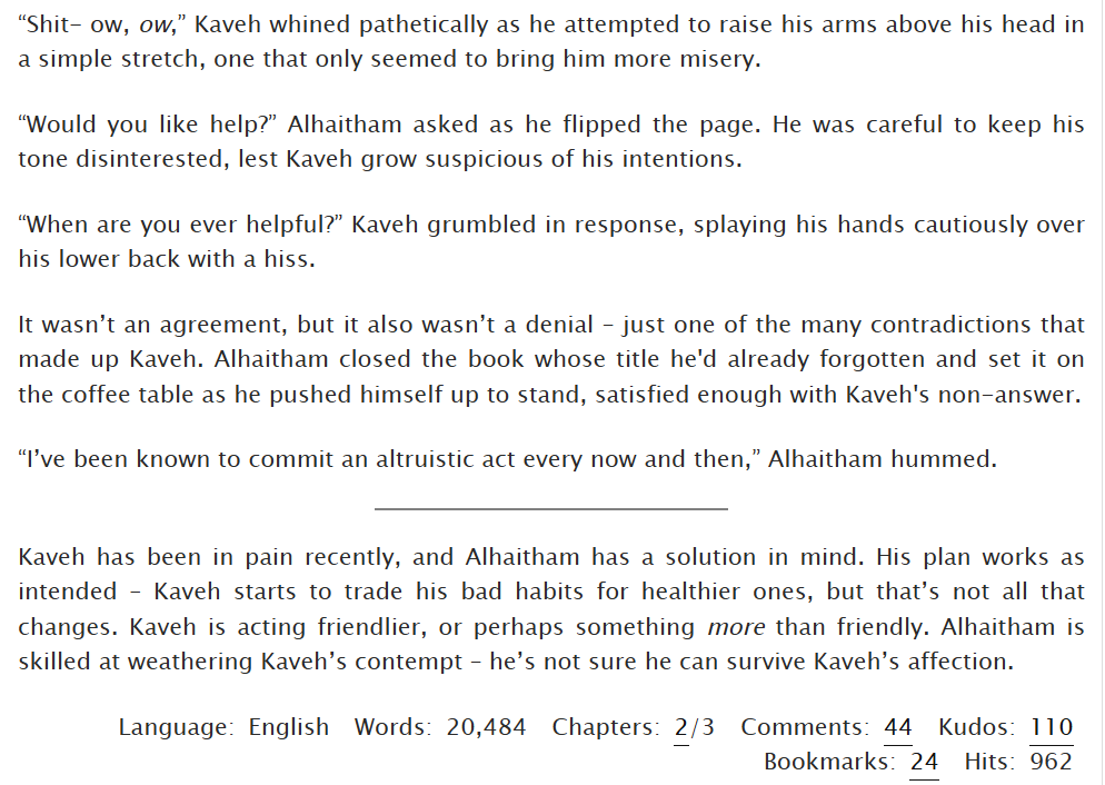 The author doesn't have social media so I am going to plug this haikaveh fic w all my might. Assuming most of the ppl on my twt read my fics, I PROMISE YOU - u will LOVE this writing! Incredibly beautiful prose.

I ate my couch while reading it bc it's so good.

🌱🏛️ Link below!