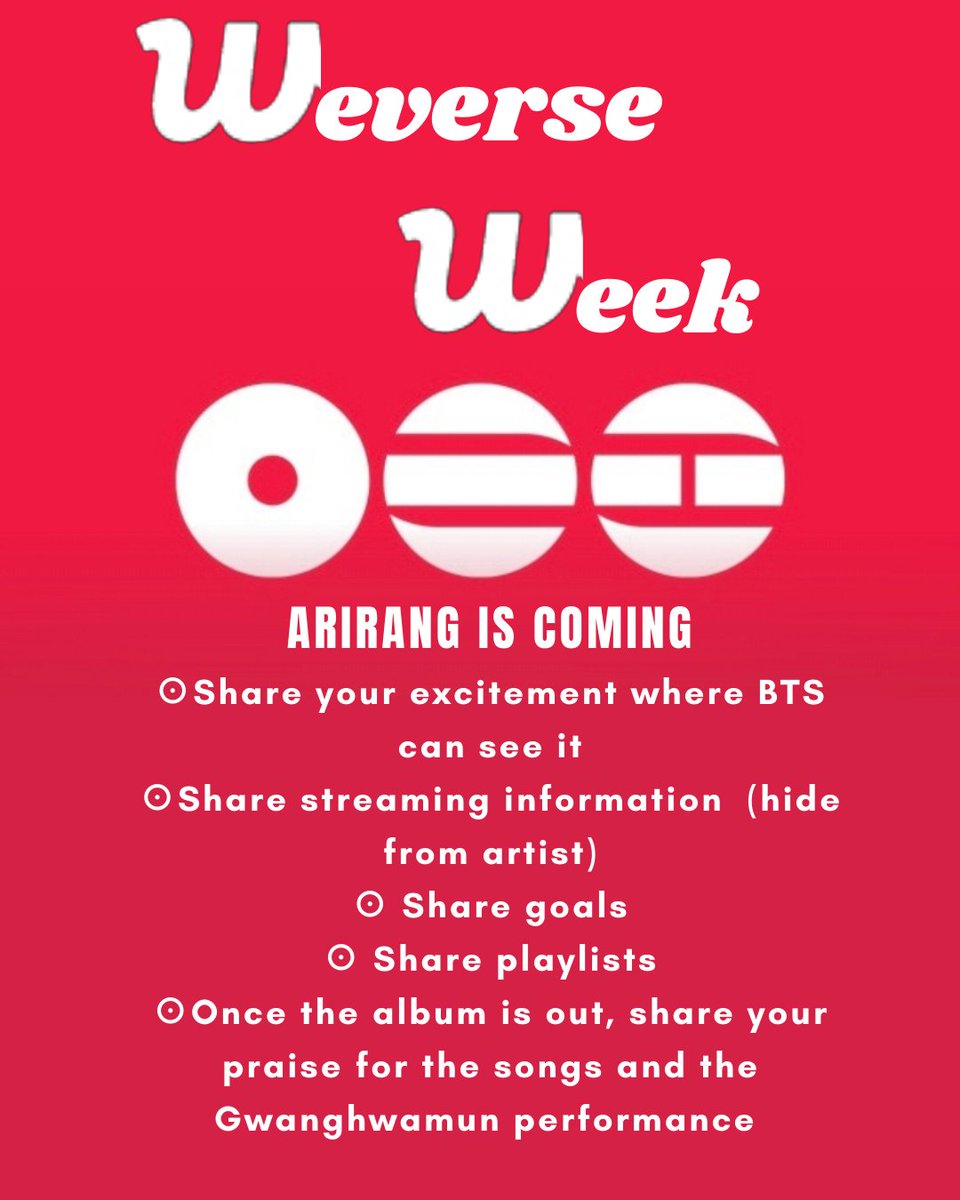 BorafyWV's tweet photo. ARIRANG IS COMING!
Let's get Weverse comeback ready 💪 
There's lots of ARMY on wv who need help streaming and it would be nice for BTS to see us share our excitement with them.
This week, I'll post each day on weverse towards those ends.
I invite you to join me.
#WeverseWeek https://t.co/A38rGJpWZ4