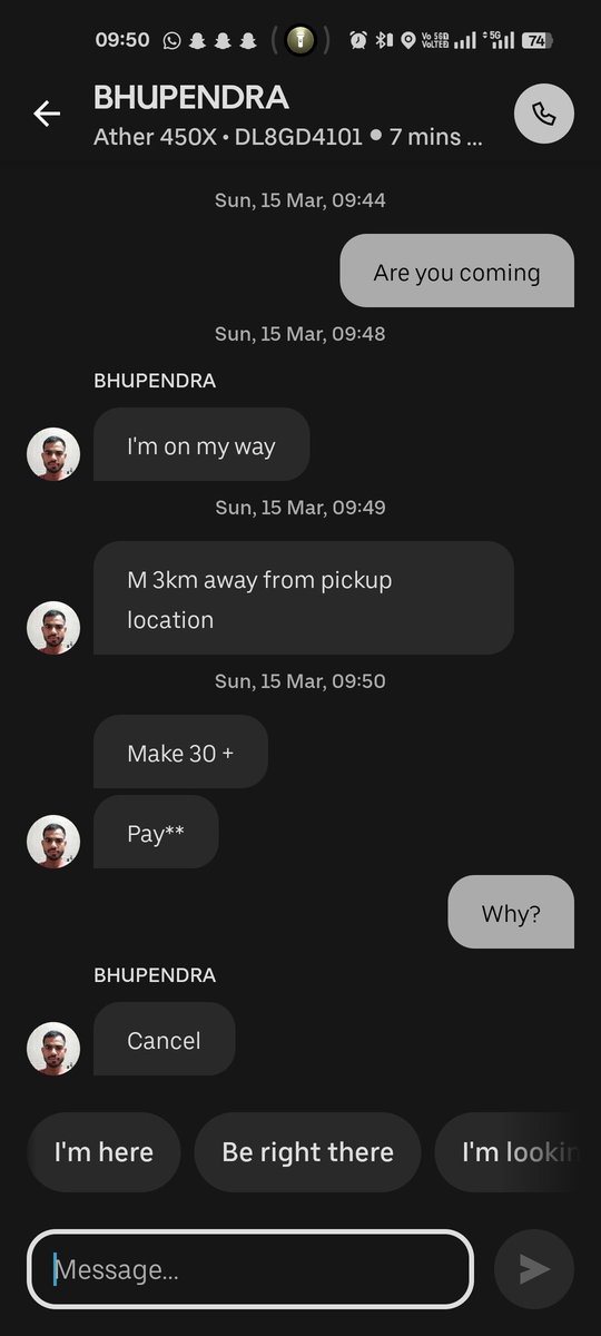 __tushar002's tweet photo. @UberIN_Support please look into this matter. Your rider asked me to pay extra or else he will cancel The ride and when I said i will report him , he cancelled the ride after making ke wait for 10 mins https://t.co/ym7xi2m6yL