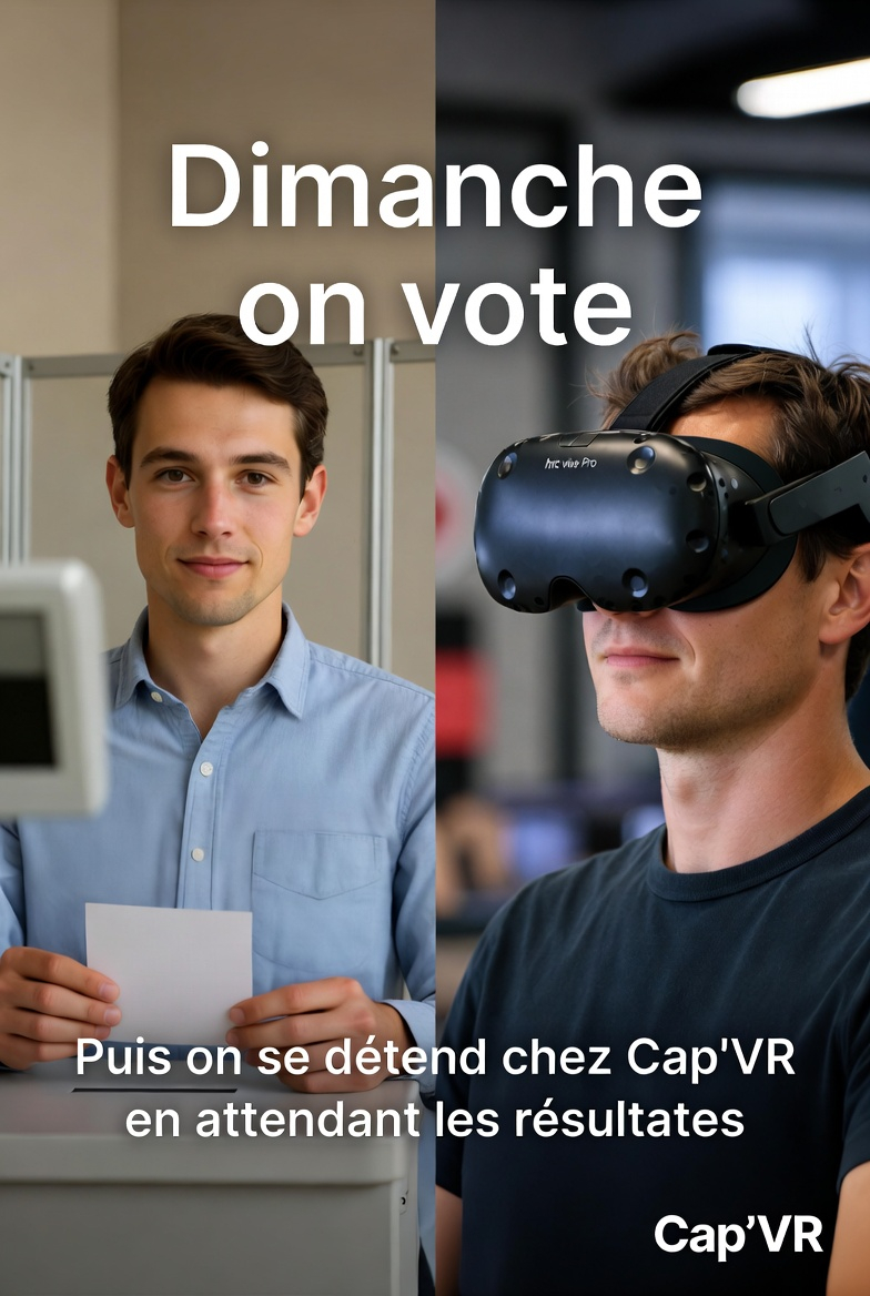 CapVR30's tweet photo. Dimanche : vote ✅
Puis décompression immédiate chez Cap'VR 🕶️🎮
Escape games VR, multiplayer, sensations fortes… en attendant les résultats !
Qui dit mieux pour finir la journée ? 😏
Cap'VR Nîmes
#DimancheOnVote #CapVR #VR https://t.co/E4G6JHfrwG