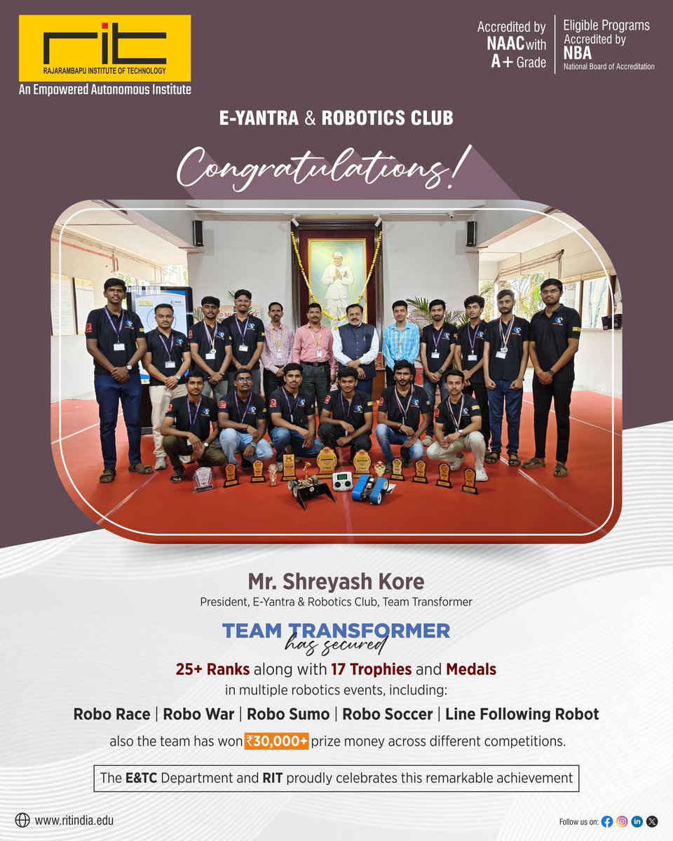 ritindia1983's tweet photo. Team Transformer secured 25+ ranks, 17 trophies & medals, and ₹30,000+ prize money in robotics events like Robo Race, Robo War, Robo Sumo, Robo Soccer, and Line Following Robot. 🏆
The team was felicitated by the Director of RIT for their outstanding achievements.
#RIT #ENTC https://t.co/P4PzHrj5Do