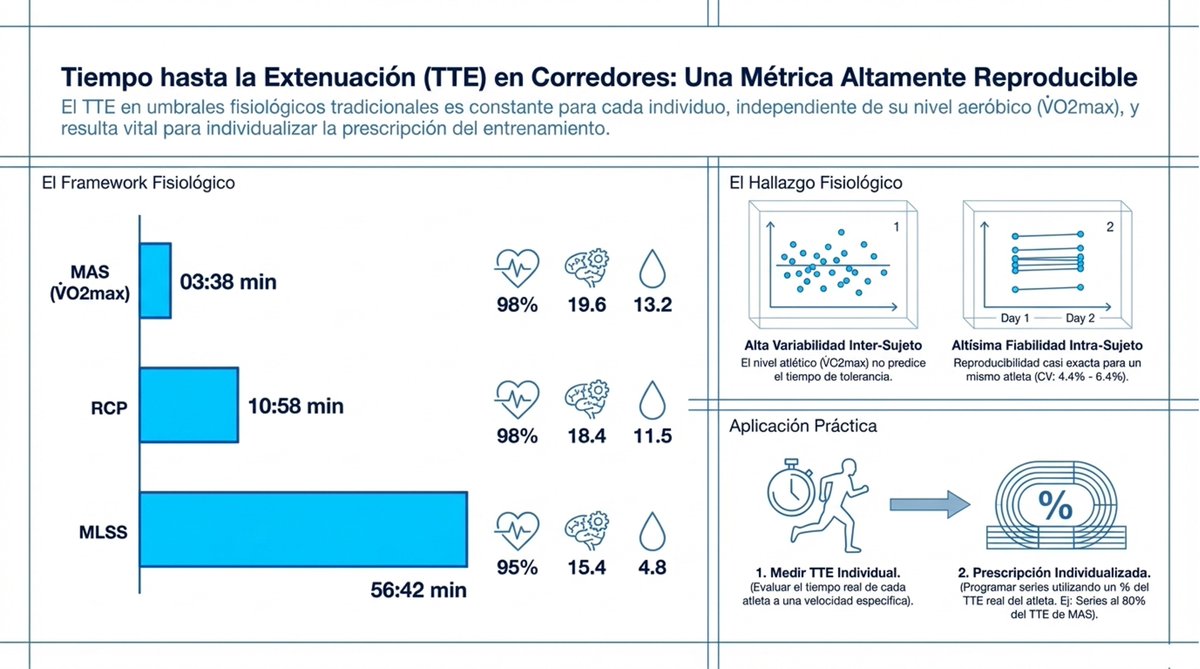 ChicharroJL's tweet photo. ¿CUÁNTO TIEMPO PUEDE SOSTENERSE REALMENTE CADA INTENSIDAD FISIOLÓGICA EN CARRERA? El tiempo hasta el agotamiento varía claramente entre intensidades fisiológicas clave: unos minutos al VO₂max, alrededor de diez minutos al punto de compensación respiratoria y cerca de una hora al máximo estado estable de lactato, con alta reproducibilidad individual y escasa relación con el VO₂max. (lee el artículo completo en BLOG JL Chicharro en https://t.co/ghlyA0rsYU) https://t.co/qyEIrphl4f