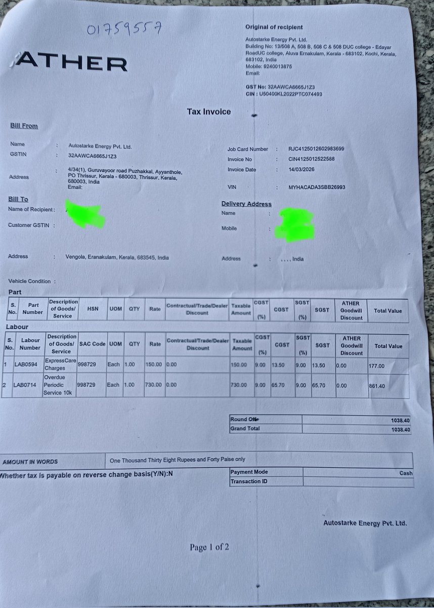 ajeebrahman's tweet photo. Extremely disappointed with Ather Aluva, Kerala, service center, 'Express Care' (March 14 2026), but service was NOT done properly. Even the basic water wash was skipped! Trusted the staff so didn't check on-site, only to be shocked after reaching home. A total breach of trust https://t.co/RP4N3wuwBX