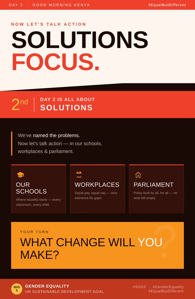skeeterimisa's tweet photo. Good morning Kenya! Day 2 of
#EqualButDifferent is all about SOLUTIONS. We've named the problems. Now let's talk action; in our schools,
workplaces&parliament. What change will YOU make?
#EqualButDifferent #GenderEqualityKE #SDG5 https://t.co/PEuXltU0iY