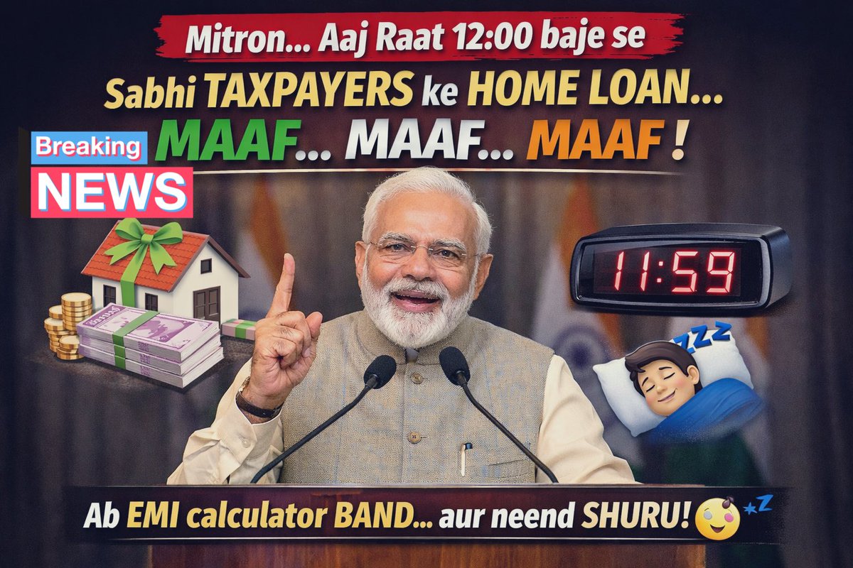 📢Modi Ji ka desh ke taxpayers ke liye sandesh…

Mitron… aaj raat 12 baje se sabhi taxpayers ke #homeloan… maaf… maaf… maaf…🏠💸  

Poora desh:   
Ye announcement sunte hi – 🕺💃  

Unfortunately ⏰ alarm baja… aur pata chala sapna tha. 😭😭😭😢

#TaxpayerDream #Dream