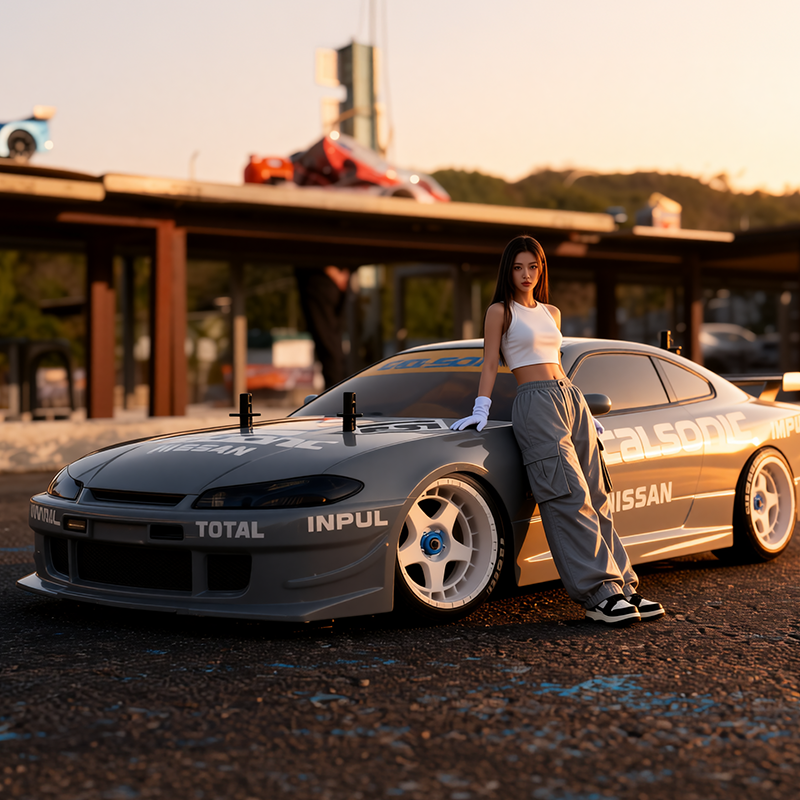 jason9394's tweet photo. Golden hour at the docks with the Calsonic Silvia cosplay. 💙🩶#NissanS15 #CalsonicVibes #Silvia #GoldenHour #StreetStyle #DocksideDrift #JDM #CarCulture #TrackToy #AI #RC #Tamiya #TT02 https://t.co/ONFAKcf4r6