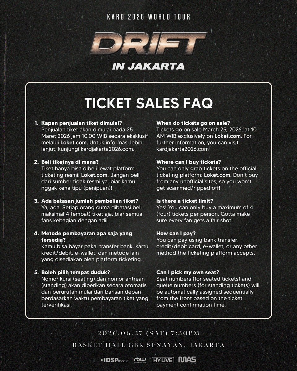 maslive_ofc's tweet photo. FAQ for KARD 2026 WORLD TOUR <DRIFT> IN JAKARTA is now available! 

Read the full details below to ensure a smooth booking process. Prepare carefully, and good luck securing your tickets, HIDDEN KARD! https://t.co/zA2yDoZzzK