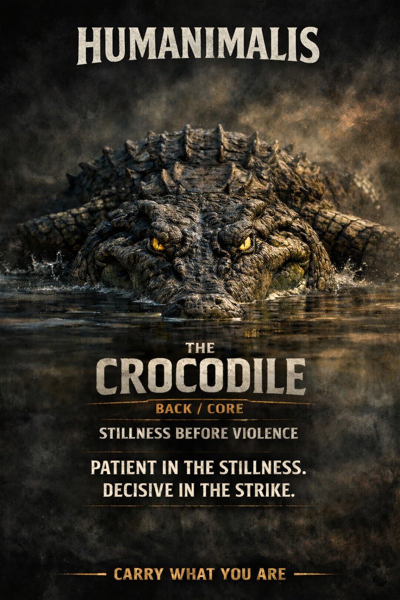 Humanimalis's tweet photo. The crocodile teaches a human lesson.
Hold structure.
Stay still when nothing requires movement.
Strong back.
Braced core.
When action is needed, move without hesitation.
Domain: Back / Core
Mindstate: Stillness Before Violence
Humanimalis.
Carry what you are. https://t.co/YDDJBy4SjQ