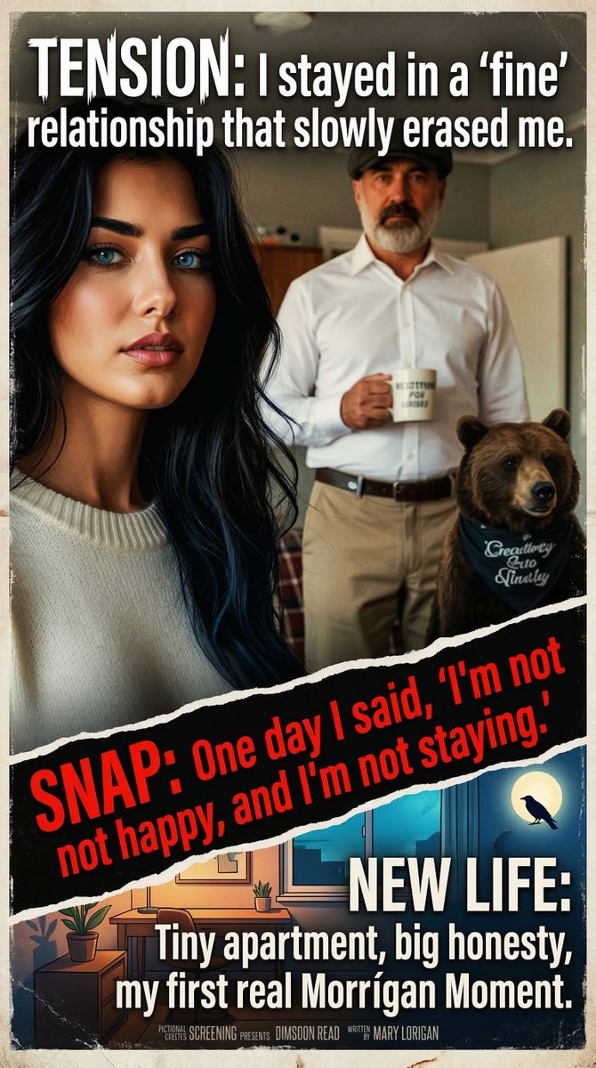1BoomerBlogger's tweet photo. Tension is staying until you're erased. Snap is the night you finally pack the bag. New life is the quiet of your own place where you can finally hear your own voice.

That's a Morrígan Moment.

Break the predictable script. Reclaim your personal agency. 
https://t.co/pxBBj6UuHA
#AlchemMyst #MorriganMoment #SelfGrowth