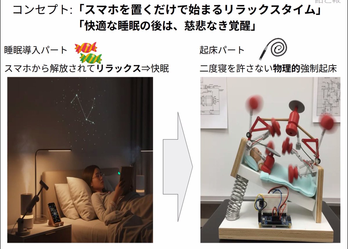 WebIoTmakers's tweet photo. 【グランプリ決定戦】愛媛代表「candy whip」作品名「飴と鞭」です🍬 アロマで入眠を促し、起床時間に布団を剥ぎ取る、不規則になりがちな生活リズムを強制的に整えることを目指した作品です！  #webiotmakers  #メイカーズチャレンジ #IoTハッカソン https://t.co/Io5sttbKUB
