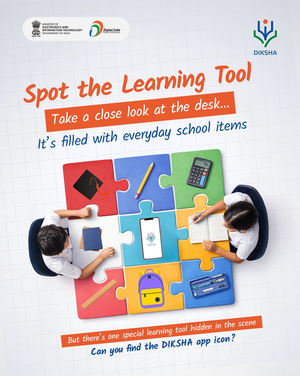 GoI_MeitY's tweet image. 🔎 Look closely and comment “Found it!” when you spot the hidden learning tool.
 Check our story to see if you got it right!

#DIKSHA #SpotTheLearningTool #DigitalLearning #EducationForAll #DigitalIndia