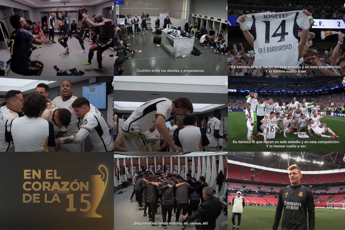 ultras_rei's tweet photo. ついにレアル・マドリードのCL15回目制覇の舞台裏『En el Corazón de la 15』が公開！🔥

① 🇪🇸ホセルの予言
バイエルンとの準決勝第2戦前、ベンチスタートだったホセルがチームを鼓舞���たシーンです。
 「自信は最高潮だ！絶対勝てるぞ、さあ行こう！」
言葉通り、彼は途中出場からわずか数分で2ゴールを挙げ、大逆転劇の主役になりました。まさに「有言実行」の男です。

② 🇪🇸カルバハルのセットプレー宣言
ドルトムントとの決勝戦前、ロッカールームでのカルバハルの発言です。
 「セットプレーで奴らを叩いてやるぞ。」
サイドバックで小柄な部類の彼が、後半にコーナーキックから値千金の先制ヘッドを叩き込みました。驚異的な予知能力です。

③ 伝説の4人👑合計24冠
クロース、モドリッチ、ナチョ、カルバハルの4人が揃った写真。
「この4人だけで、チャンピオンズリーグのタイトルが24個もあるんだ！」
この優勝で、彼ら4人は個人として通算6回目のCL制覇を達成。4人合わせると24冠という、もはやクラブ単体の歴史を凌駕するような異次元の記録を指しています。

有言実行すぎるマドリーの勝負強さの秘密がここに。月曜21:30(現地)公開！