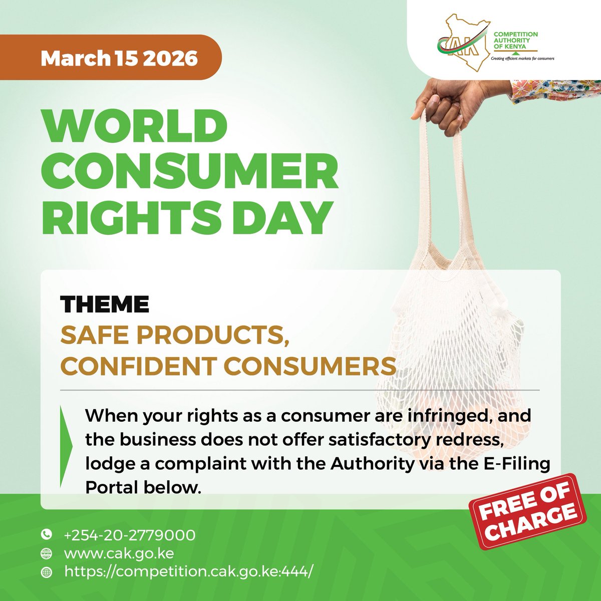 CAK_Kenya's tweet photo. Empowered consumers, accountable businesses, fairer markets. Happy World Consumer Rights Day.

#WCRD2026 https://t.co/wyR2eUh7u1