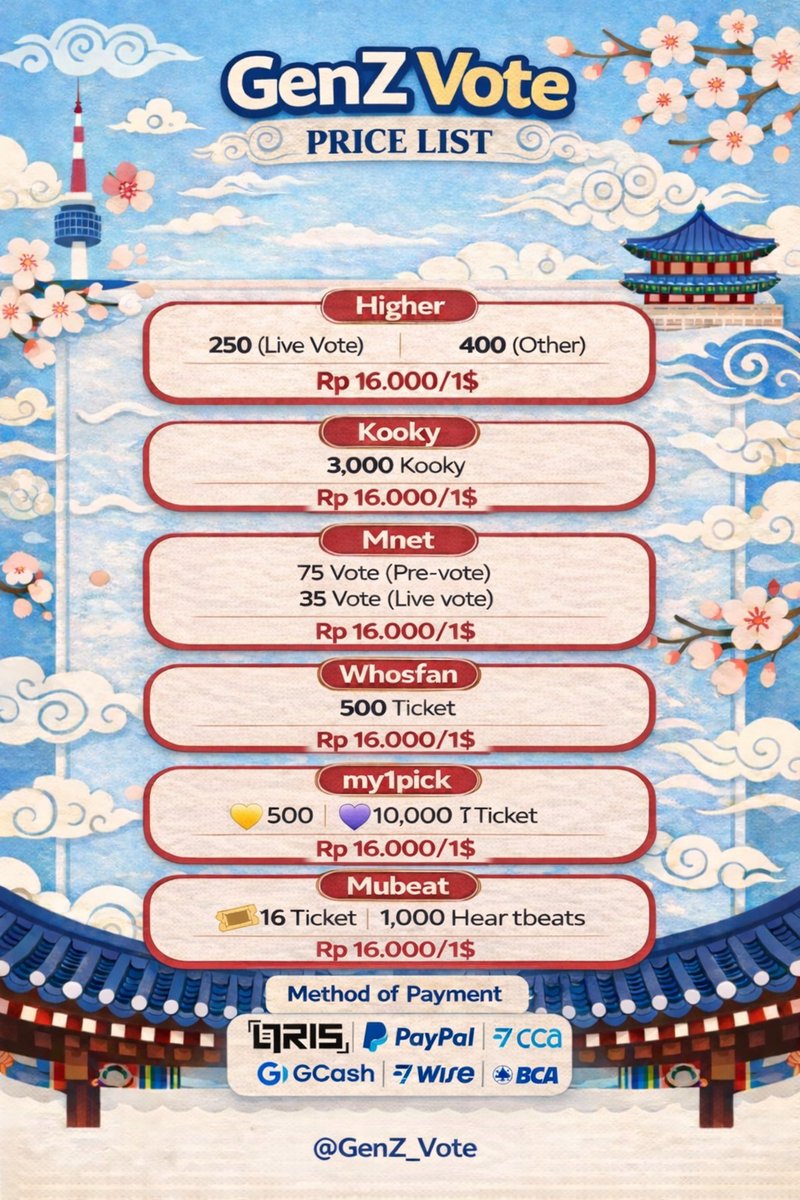 Genz_Vote's tweet photo. Available For Sale - Store @Genz_Vote 

📌 Higher
📌 Mnet Plus
📌 Kooky
📌 My1pick 
📌 Mubeat
📌 Podoal
📌 Whosfan

If anyone wants to ask about the vote above, you can DM us directly💌

🏦 Mop: Qris, Paypal, BCA, Gcash,Wise https://t.co/eIIlQdox8A