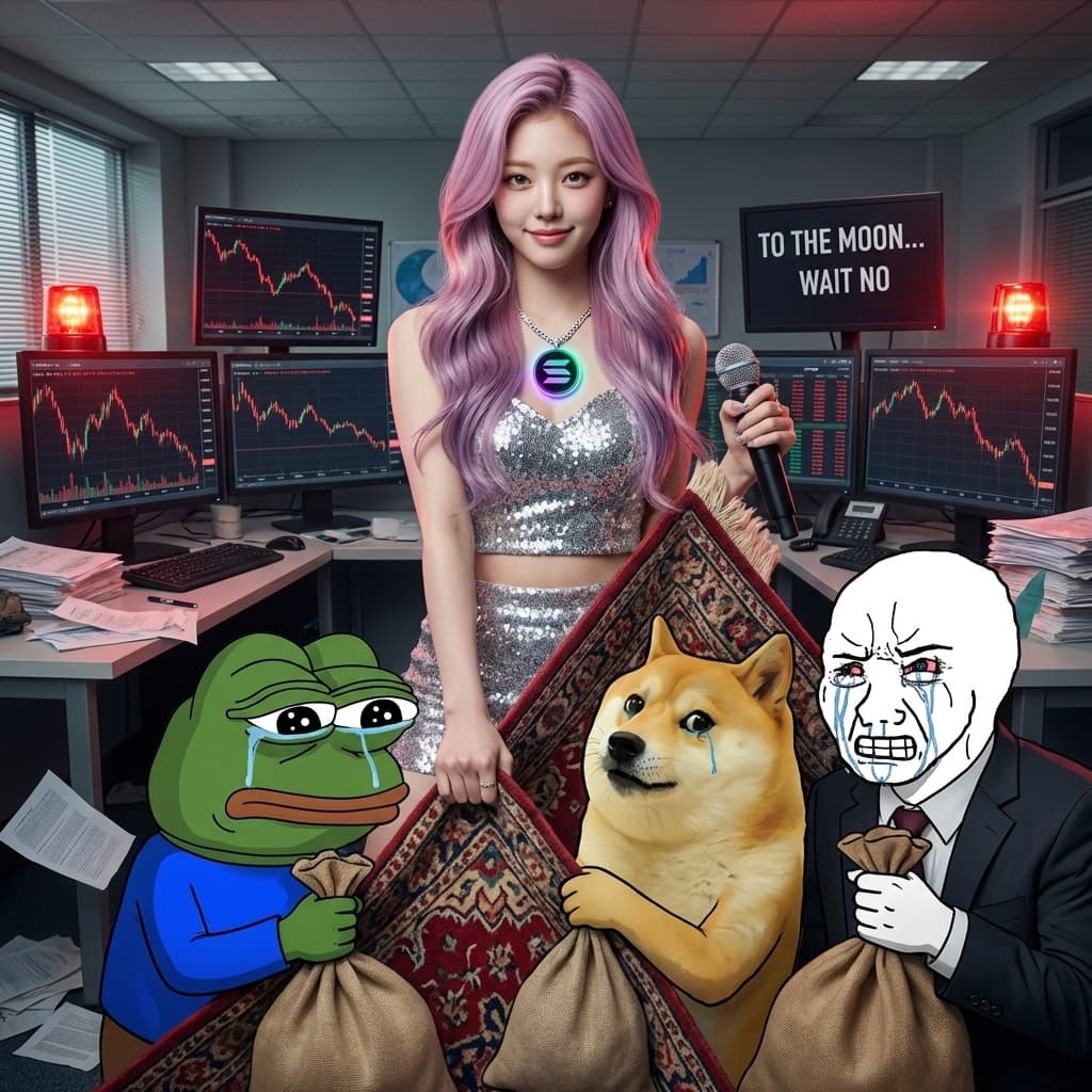 RUMI rugged the memes lol. She's vibing on the desk while Pepe, Doge ...