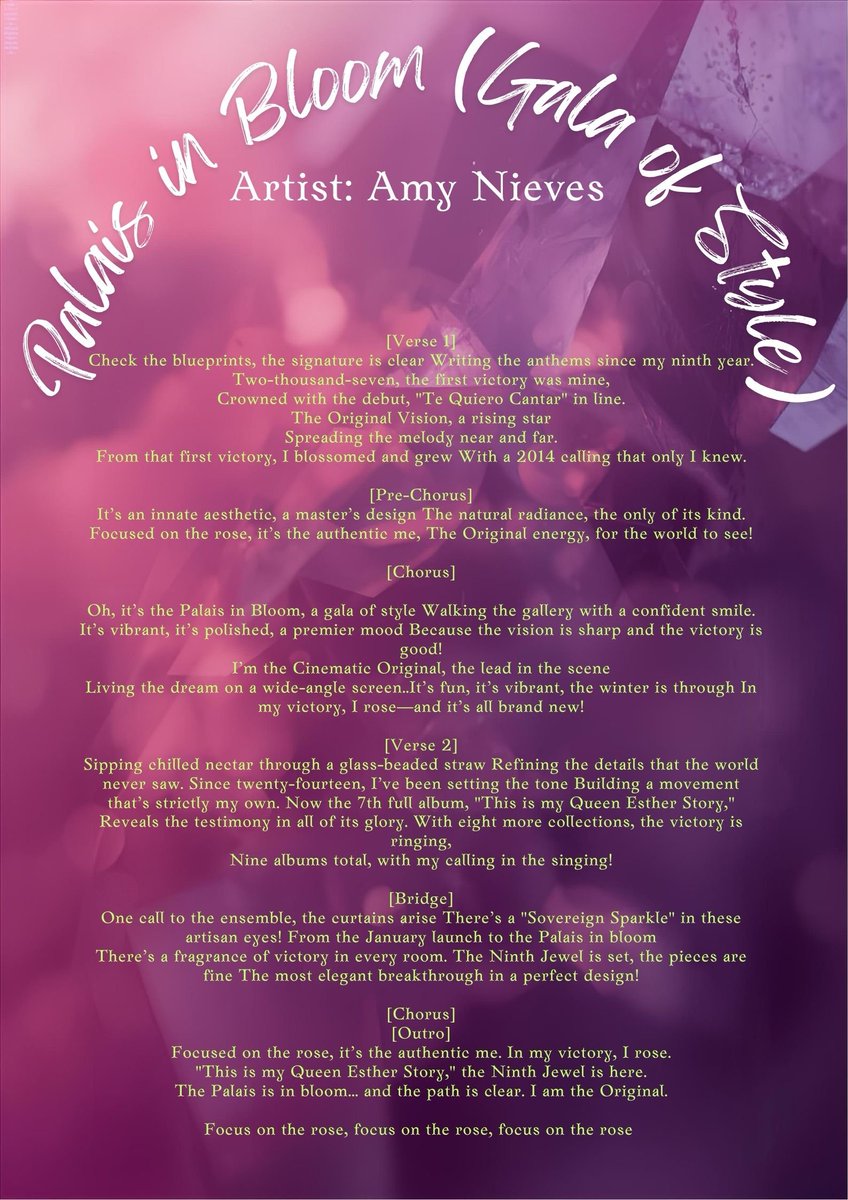Palais in Bloom (Gala of Style)
Artist: Amy Nieves

[Verse 1]
Check the blueprints, the signature is clear Writing the anthems since my ninth year.
Two-thousand-seven, the first victory was mine,
Crowned with the debut, "Te Quiero Cantar" in line.
The Original Vision, a rising