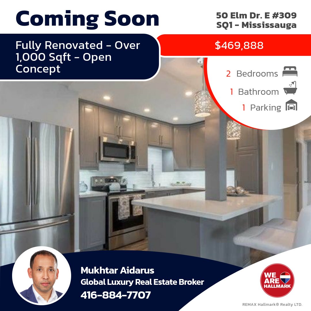 COMING SOON — Unit 309, 50 Elm Dr. E, Square One, Mississauga  $469,888 
2 Large Beds. Full Bathroom. Kitchen with A Quartz Island, Tile Backsplash &amp; SS  Fridge, Stove, Dishwasher &amp; Built-In Microwave. Pot Lights Thru-out. Laminate Flooring. Open-Concept. 1 Parking + 1 Locker