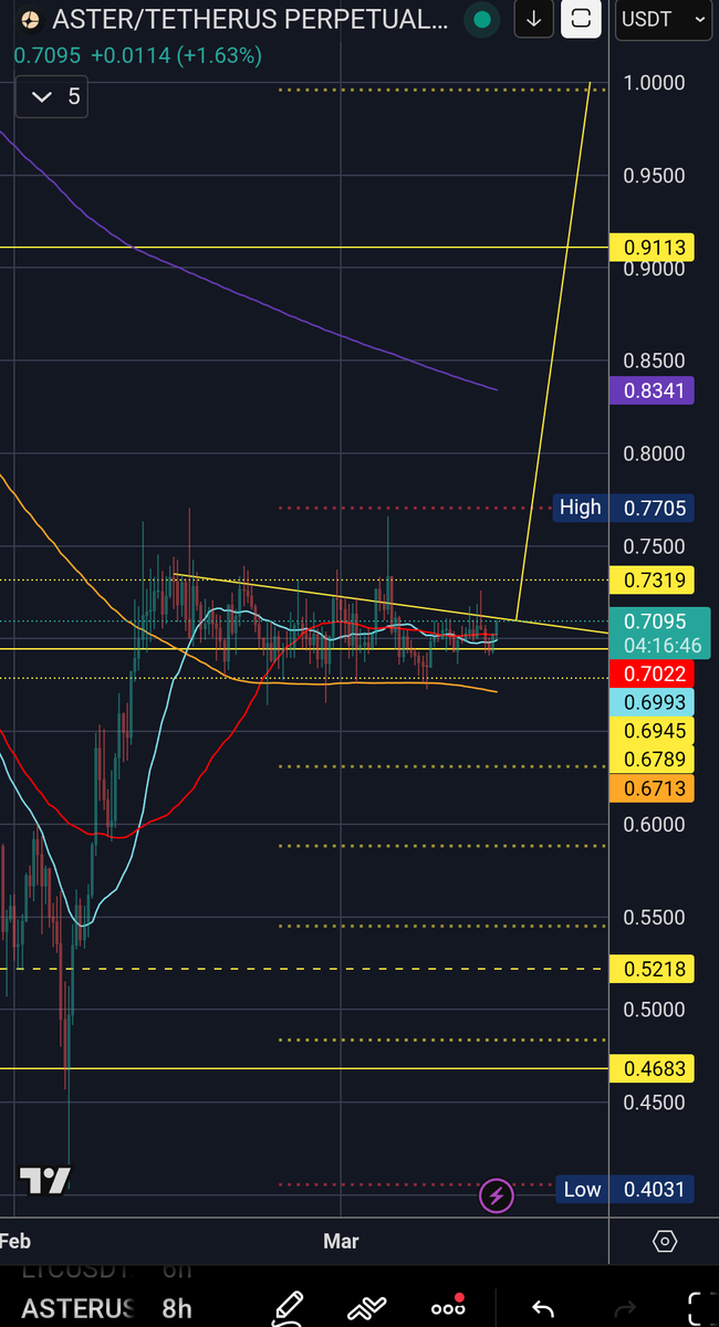 JaceTradezz's tweet photo. Zooming out on the 8H chart. Strong bull flag with measured move and golden fib confluence ✨

T1: $0.91
T2: $1.00
SL below $0.67

$ASTER $BTC https://t.co/CiJiSncfCu