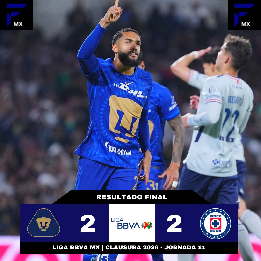 FanaticosMX24_'s tweet photo. ¡¡PUMAS RESCATÓ EL EMPATE!! 😮‍💨🐾

Con uno menos, el equipo Universitario le sacó el empate a un Cruz Azul que lo ganaba 0-2 al medio tiempo. 🔥

👉🏻 A pesar de este resultado, la Máquina se mantiene en la cima del torneo.🔝🇲🇽

#LigaMX #LigaBBVA #Pumas #CruzAzul https://t.co/lLpNa74uhr