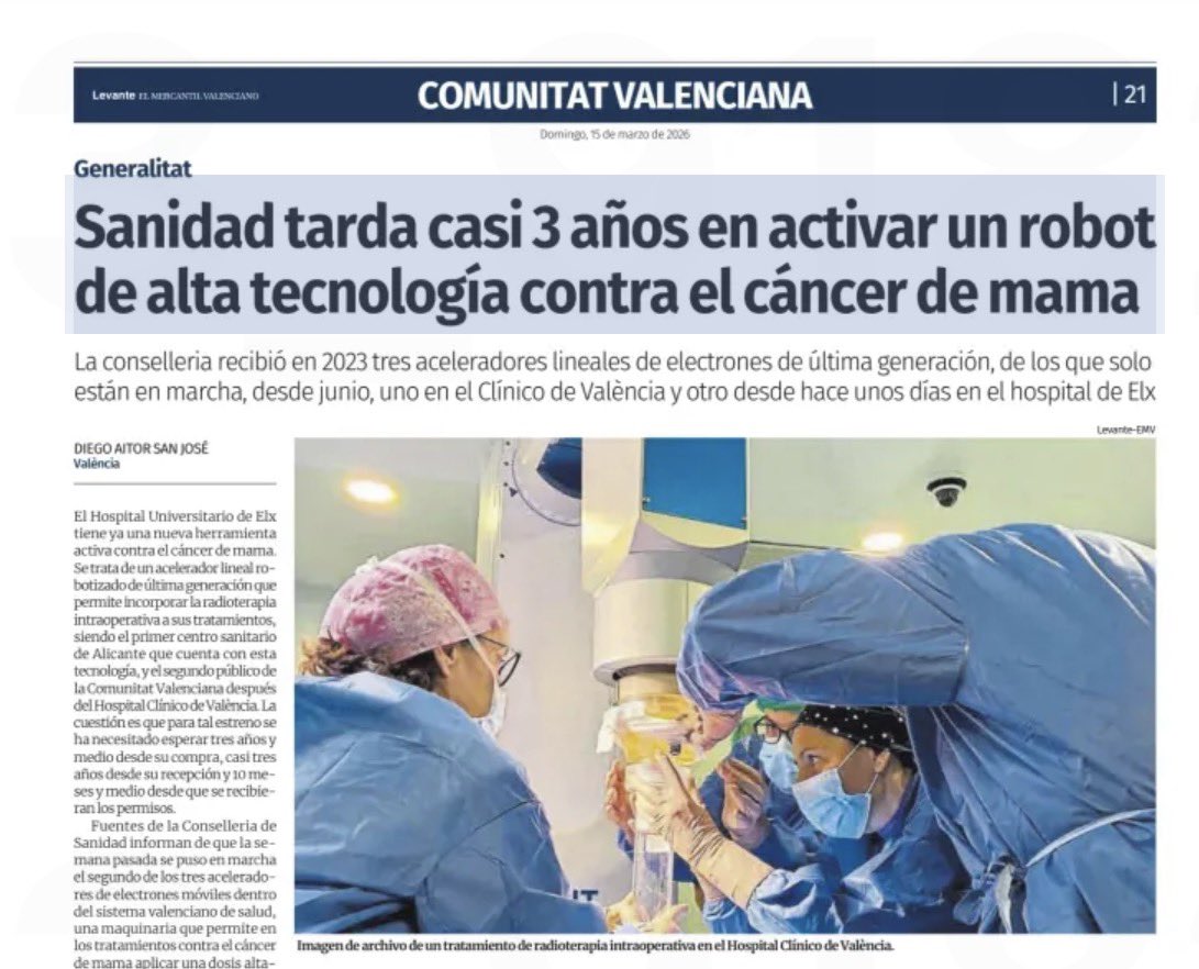 🔴 URGENTE | La Generalitat tarda casi 3 años en activar un robot de alta tecnología contra el cáncer de mama. 

El PP deja equipos sin usar y 90.000 valencianas siguen esperando una llamada para los cribados. 

La lucha contra el cáncer no puede esperar. levante-emv.com/comunitat-vale…