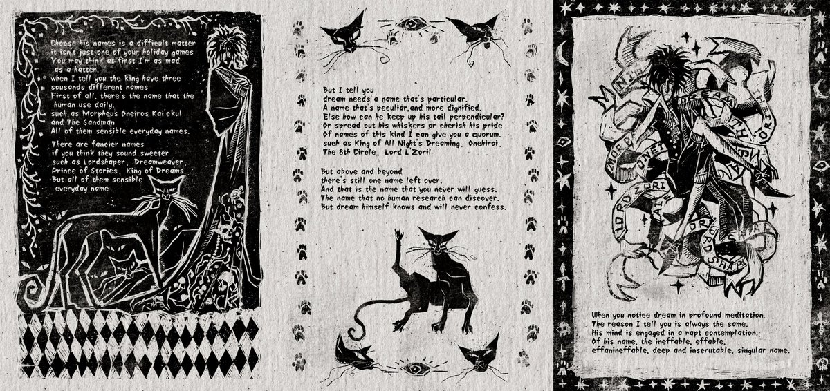 kriama8's tweet photo. Old cat's book of impractical dream🐈‍⬛🖤
lyrics adapted from the musical Cats，I've emulated the texture of medieval woodblock prints.
#thesandman https://t.co/CLZkToX4lf