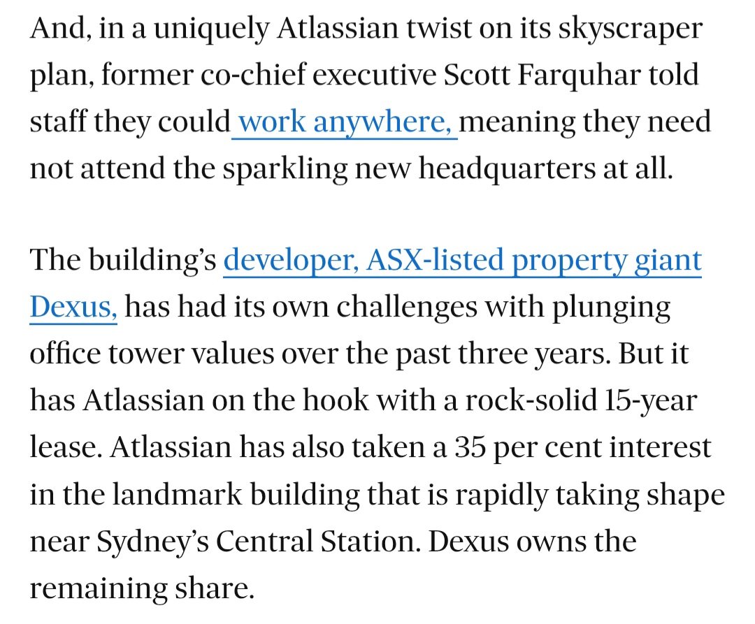 CtrlAltDwayne's tweet photo. Atlassian are building a 40 storey building in the Sydney CBD and struggling so sublease all of the empty floors in it. And are deep in the hole with the developer for a 15 year lease. Lmao. Idiots. https://t.co/fUyf2RGL9T