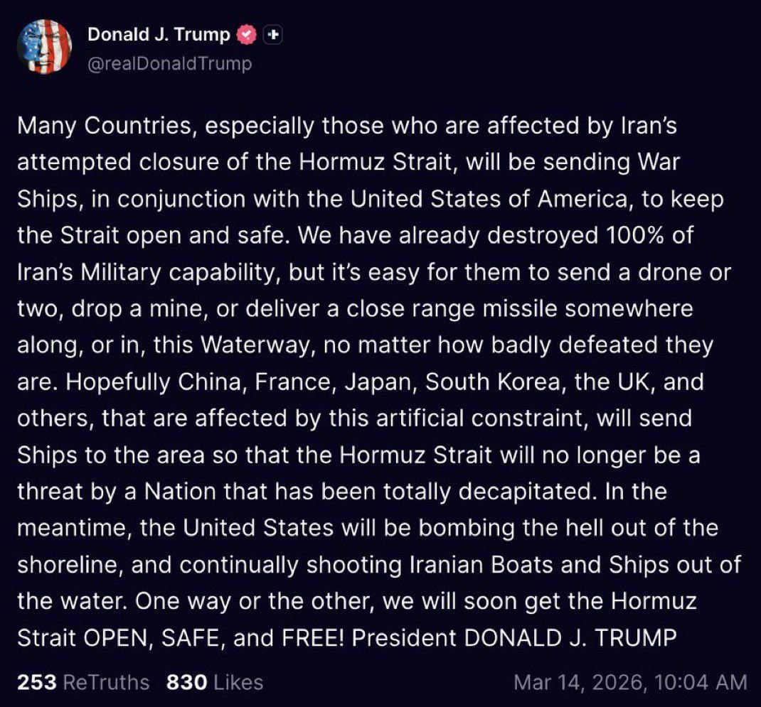 This is the most perplexed, self-defeating, and panicked statement a 'war president' could make. If '100% of Iran’s military capability' has supposedly been destroyed by the full military capacity of the American and Israeli aggressors:

🔹Where is the continued, formidable
