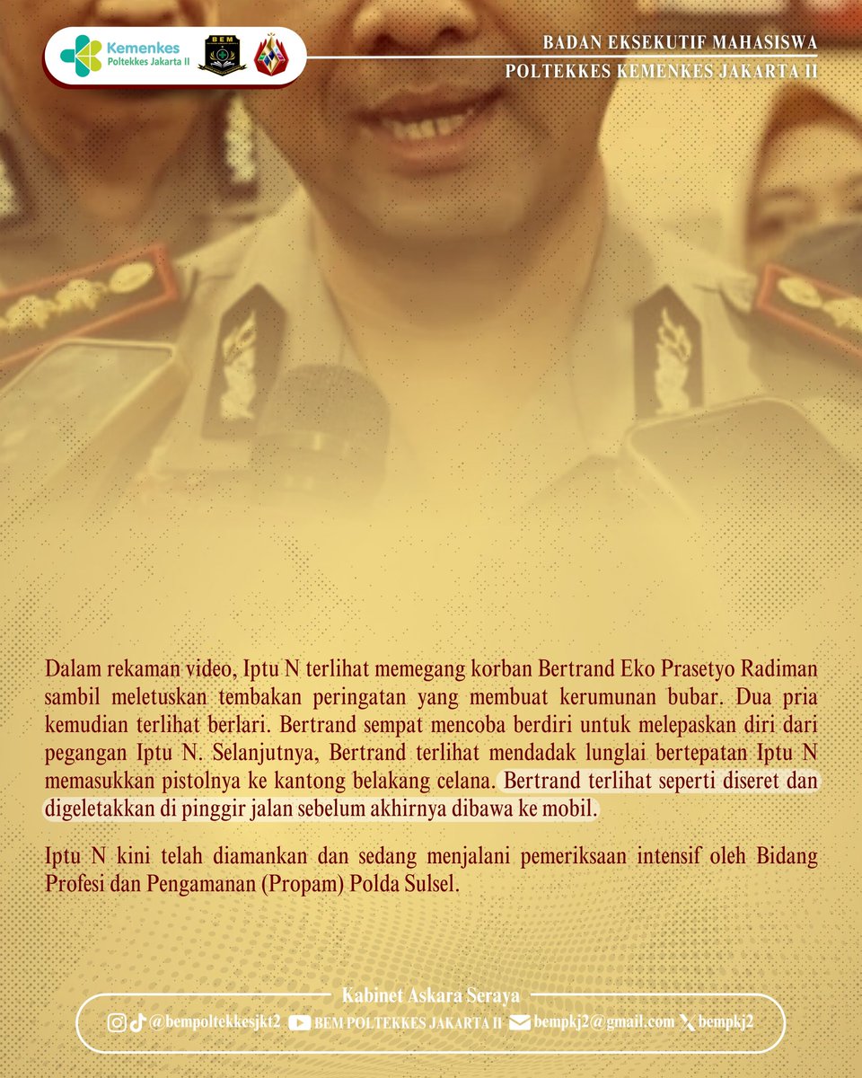 bempkj2's tweet photo. [𝐊𝐀𝐒𝐓𝐑𝐀𝐓 𝐓𝐈𝐌𝐄𝐒]

Kematian Bertrand (18) di Makassar memicu pertanyaan soal penggunaan senjata oleh aparat. Transparansi dan akuntabilitas menimbulkan pertanyaan besar.

______________________
#TEMBAKANPOLRI
#KASTRATTIMES
#HIDUPMAHASISWA
#ASKARASERAYA
#BEMPOLTEKKESJKT2 https://t.co/0FSiScHb8X