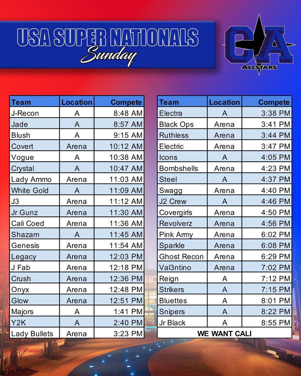 TheCaliAllStars's tweet photo. USA Nationals Finals schedule is live. ๐Our CALI teams are ready to take the floor and finish the weekend strong! Letโs show up loud and proud! Hands up phones down๐ค๐ #californiaallstars #thisisCALI #allglorygoesup https://t.co/bLC2Ncg4vV