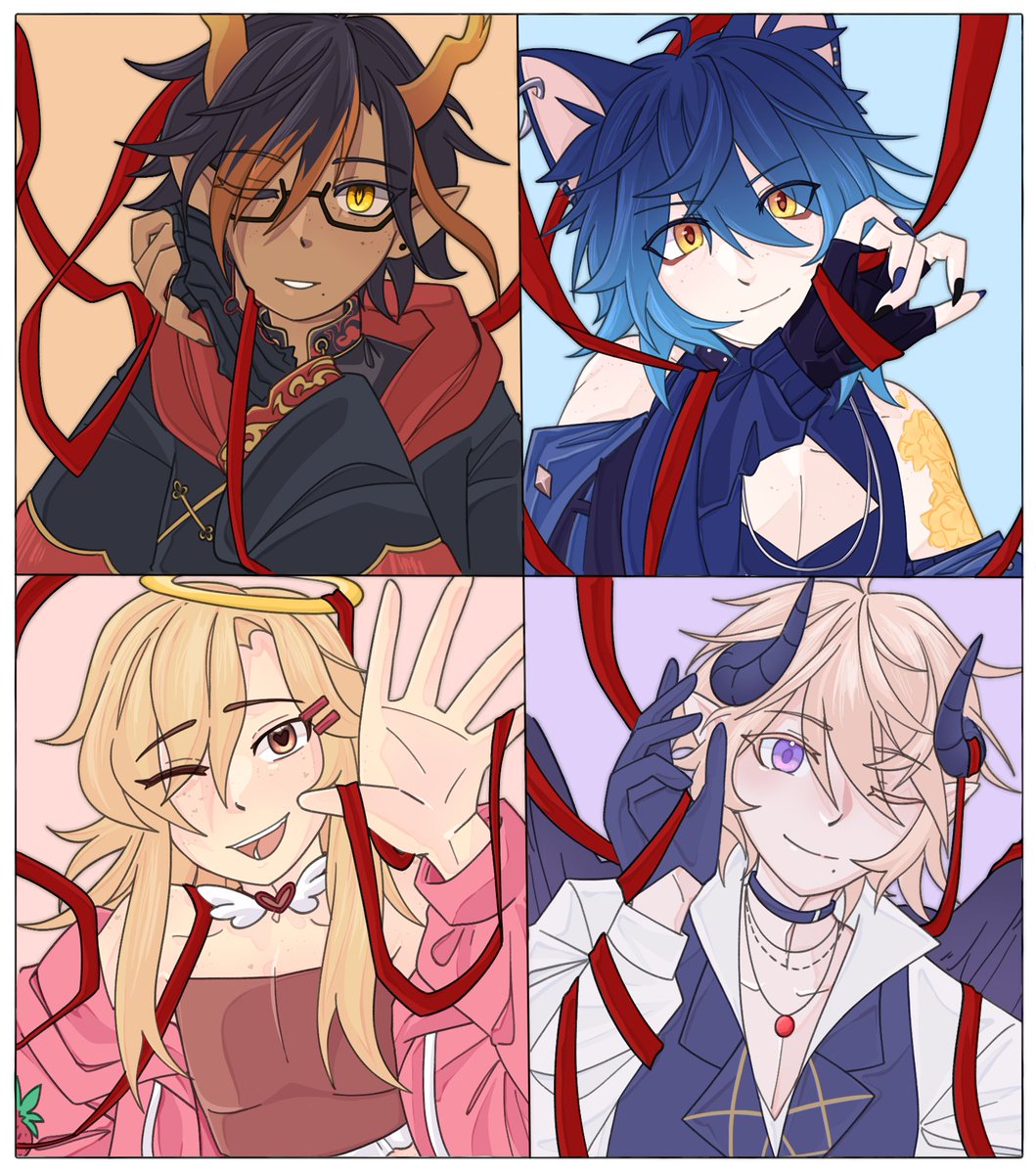 AtziCalamity's tweet photo. Happy White Day (3/14) from the Celestique group! We hope your March has been well so far. 
Here’s to more fun and content from us to you!

artist: @AtziCalamity  / characters: @AtziCalamity, @PrettyAngelVT, @BrisketVT, @PrinceMalphasVT 

original 4-pose reference by @o0yul0306 https://t.co/z3fq9m5Vhi