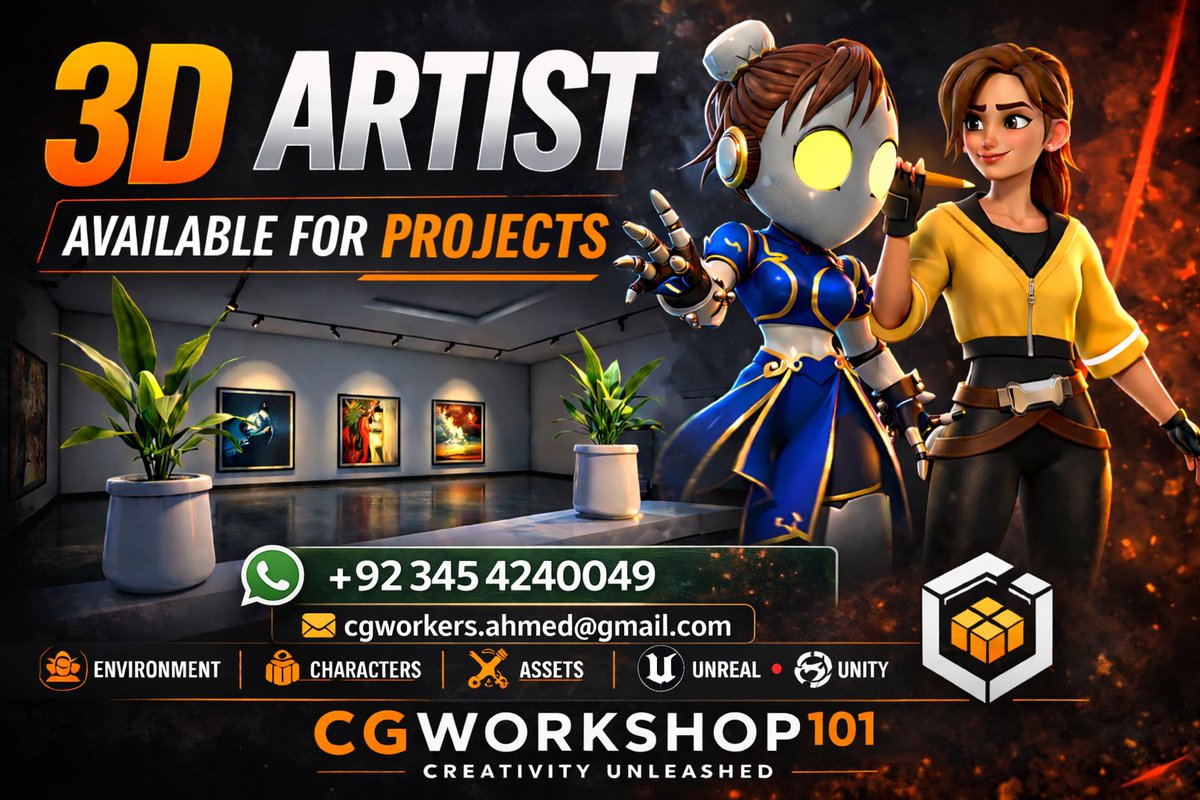3D Artist available for professional projects.

Tools: Blender | Unreal Engine | Unity
Open to collaboration on games and interactive projects.
WhatsApp: +92 345 4240049
cgworkers.ahmed@gmail.com

#3DArtist #GameDev #Blender3D #UnrealEngine #Unity3D #GameAssets