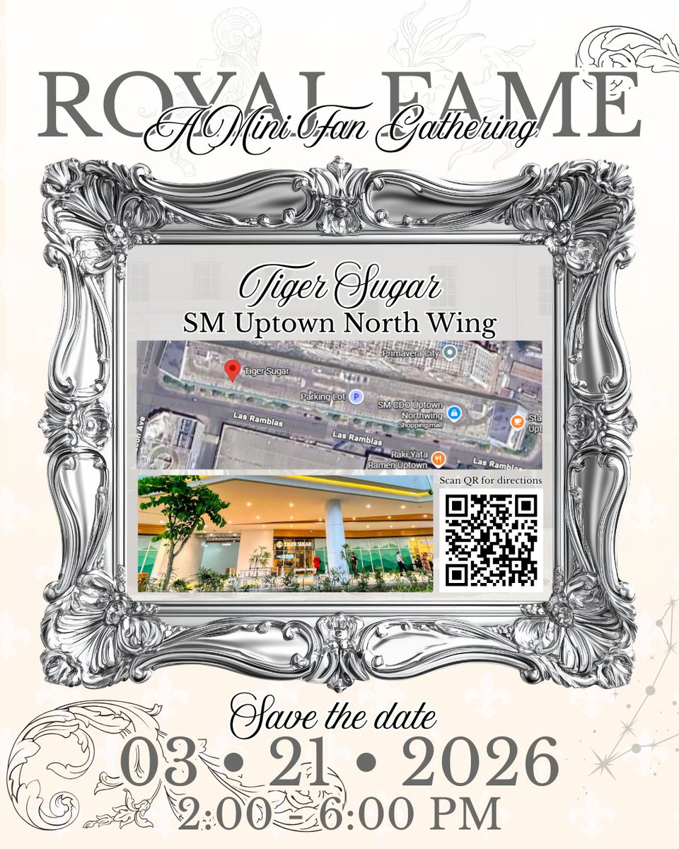 RIIZECDO's tweet photo. 👑 Hear ye, noble fans!
Join us for the ROYAL FAME Mini Fan Gath
📍 Tiger Sugar – SM Uptown North Wing
📅 March 21, 2026 | ⏰ 2–6 PM
⚜️ Come-and-go event
🎁 Buy any XL Tiger Sugar drink &amp; show receipt for a ROYAL FAME gift
Let us celebrate our princes together! #RIIZE #RoyalFame https://t.co/osoY9r8aw2