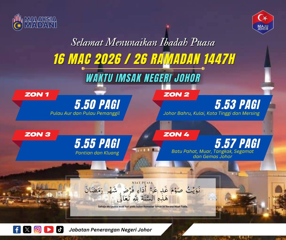japenjohor's tweet photo. 🌙 𝐒𝐄𝐋𝐀𝐌𝐀𝐓 𝐌𝐄𝐍𝐔𝐍𝐀𝐈𝐊𝐀𝐍 𝐈𝐁𝐀𝐃𝐀𝐇 𝐏𝐔𝐀𝐒𝐀 | 𝐑𝐀𝐌𝐀𝐃𝐀𝐍 𝟏𝟒𝟒𝟕𝐇

🕖 𝐖𝐚𝐤𝐭𝐮 𝐁𝐞𝐫𝐛𝐮𝐤𝐚 𝐏𝐮𝐚𝐬𝐚
(25 Ramadan 1447H | 15 Mac 2026)

⏰ 𝐖𝐚𝐤𝐭𝐮 𝐈𝐦𝐬𝐚𝐤
(26 Ramadan 1447H | 16 Mac 2026)

#SalamRamadan #MajuJohor #MalaysiaMADANI 🌙 https://t.co/jjHQrmsKNX
