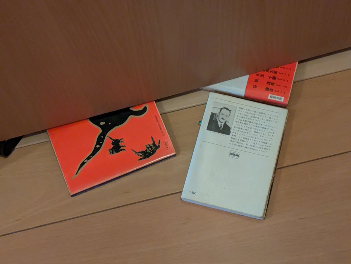 嫌なドカドカ言う音が聞こえたよ。書庫の方から。（移動）……ドアの下の隙間から本が溢れ出てる。液体かよ！