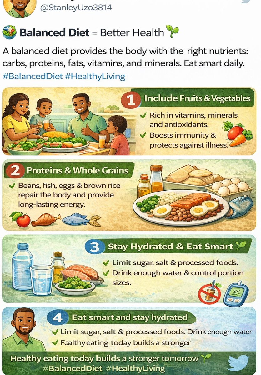 StanleyUzo3814's tweet image. 🥗 Balanced Diet = Better Health
A balanced diet provides the body with the right nutrients: carbohydrates, proteins, fats, vitamins, and minerals needed for energy, growth, and disease prevention.
#BalancedDiet #HealthyLiving