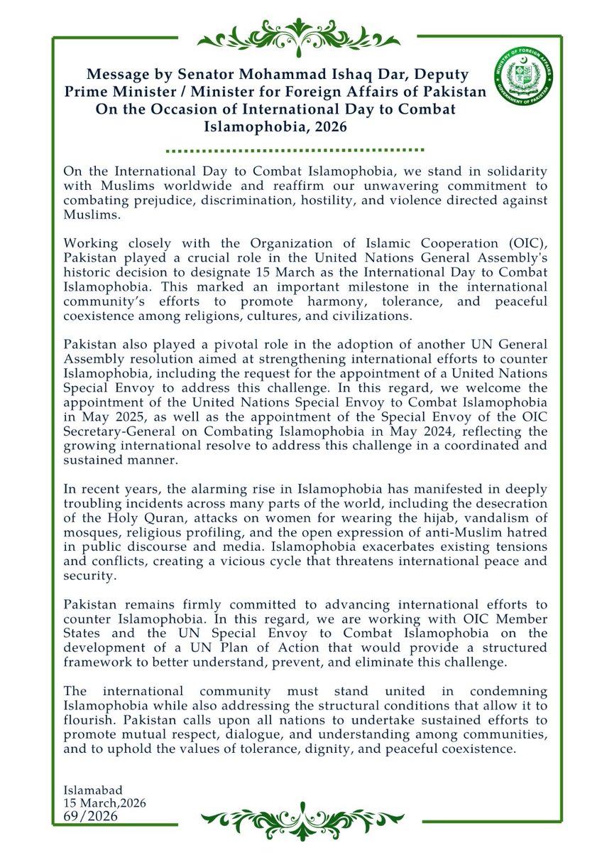 Request for detailed summary of PR No.69/2026: Message by Senator Mohammad Ishaq Dar on the International Day to Combat Islamophobia, 2026