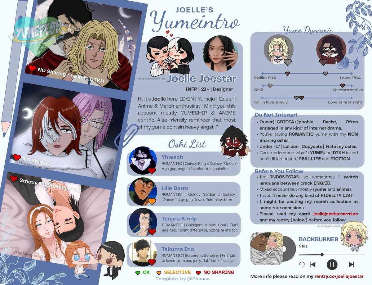 [titipan] G'day, mate~ Mencari temanmlyt! nih! I’ve multiple yume tapi lagi focus di Bleach &amp; JJK. I accept all fandom (Bleach or JJK yume get free pass btw) :P jangan lupa check my carrd &amp; rentry: linktr.ee/joellejoestar to match ur criteria ❤️