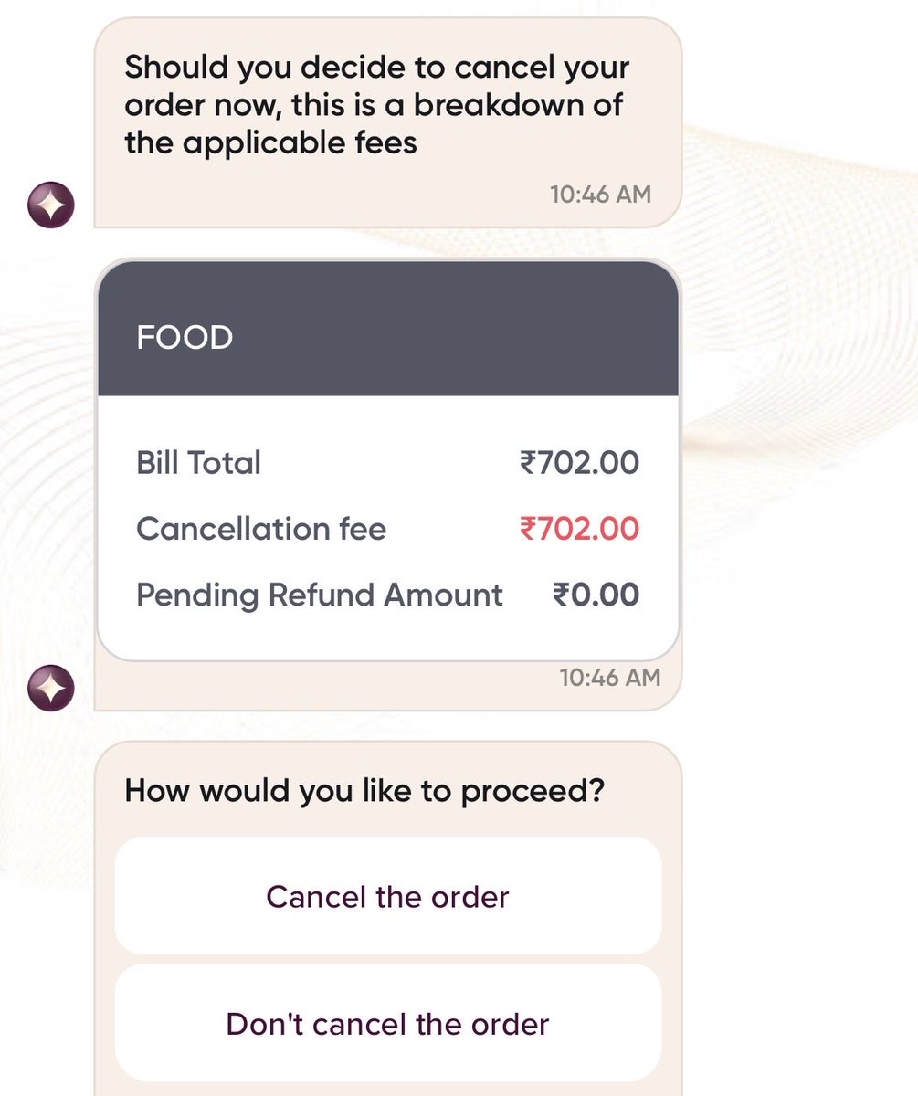 Apoorva_Nath's tweet photo. I placed a @Swiggy order by mistake and tried canceling immediately. Order placed at 10:40 (no cancellation CTA), service conversation at 10:41 - no option. Is this the policy? https://t.co/DBpyMo5Fct