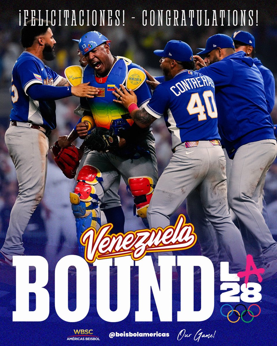 beisbolamericas's tweet photo. 🎉 @teambeisbolve @fevebeisbol 

Felicitaciones a Venezuela por clasificarse para los Juegos Olímpicos de Los Ángeles 2028.

-

Congratulations to Venezuela on qualifying for the Los Angeles 2028 Olympic Games.

#NuestroJuego #OurGame #WorldBaseballClassic https://t.co/TAry1jHbNw