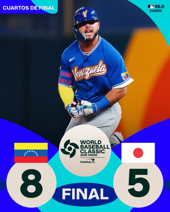 BarriosDurospty's tweet image. ¡Venezuela pasa a las semifinales del Clásico Mundial tras vencer 8-5 de Japón. Ahora van contra Italia! 
Wilyer Abreu conectó un jonrón de tres carreras para tomar la ventaja en el sexto inning. Levantó ambos puños al salir de la caja de bateo tras su jonrón, luego lanzó su bate