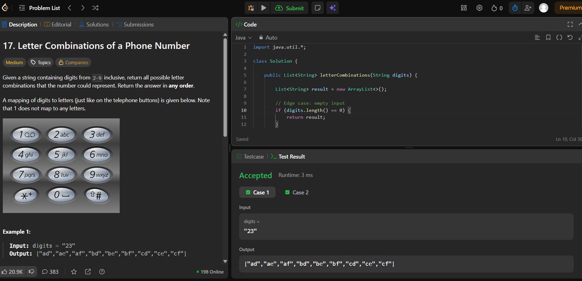 Kumar_Sandip02's tweet photo. From the past few days, I have started learning DSA in Java and solving problems. But today, I just solved the Recursion problem asked by Google: Letter Combinations. #dsa https://t.co/XjsSjQQb20