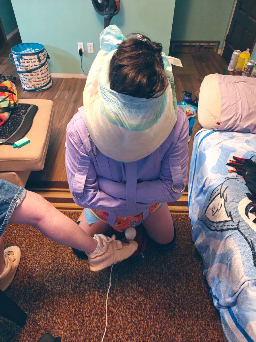 I somehow always end up in the wildest situations…

Yes, I’m straitjacket up again. This time with a diaper over my head and completely at <a href="/Violetwolf49/">Violetwolf 🔜 BFC</a>'s &amp; his boyfriend's mercy.

Let’s just say I wasn’t a very good boy 😅 
Or am I???