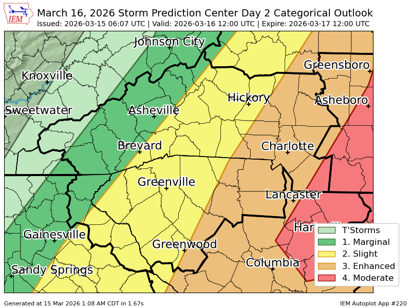 iembot_gsp's tweet photo. #SPC issues Day 2 Moderate Convective Risk at Mar 15, 6:07z for GSP https://t.co/6S72SxkKnD https://t.co/jDX4NnAwwe