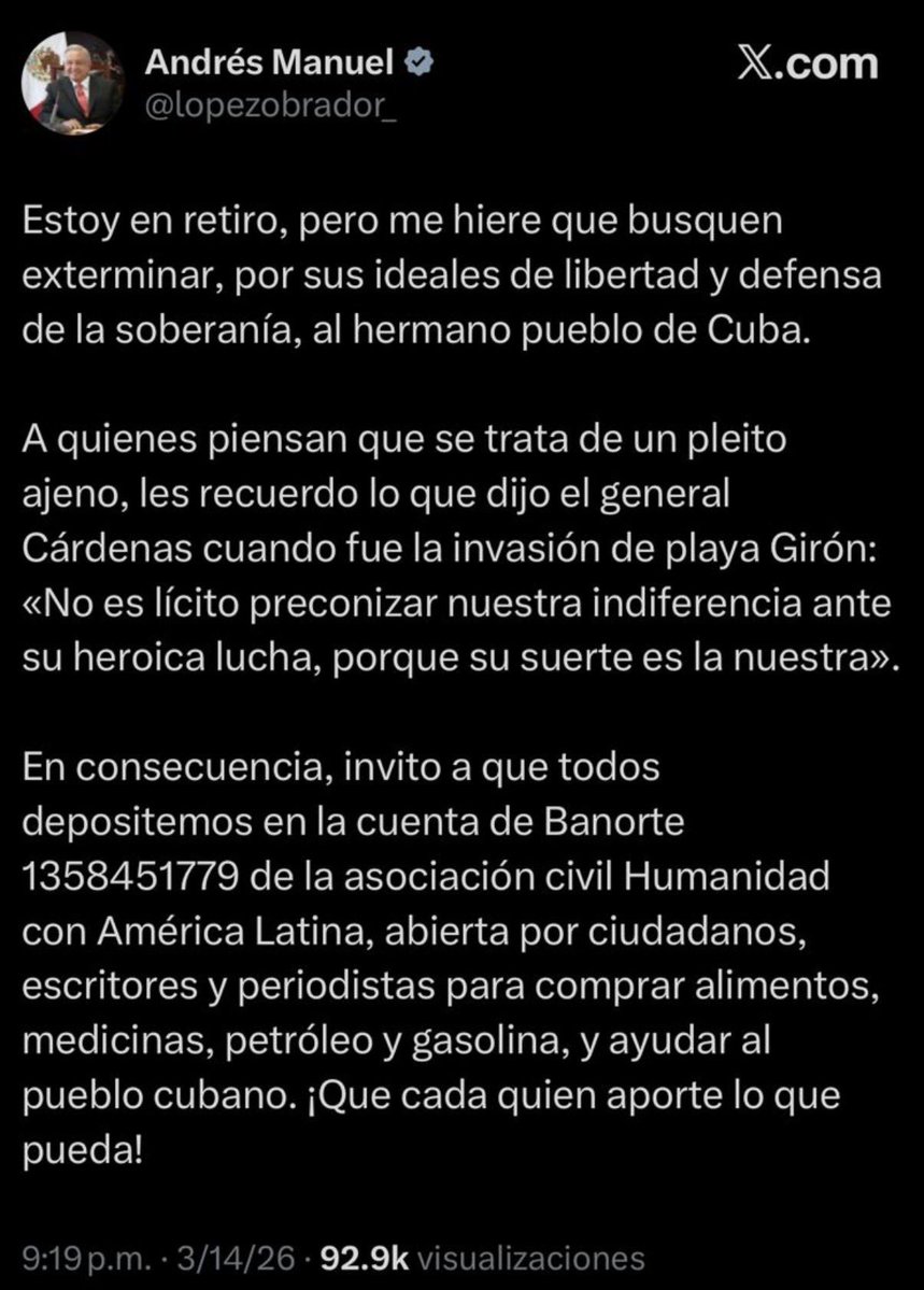 AMLO “está en retiro”… pero reapareció rapidísimo para pedir dinero para Cuba.
No salió por los desaparecidos.
No salió por la violencia en México.
No salió por los niños bajo balaceras ni por el país incendiado.

Salió para pedir depósitos a una cuenta de Banorte y mandar