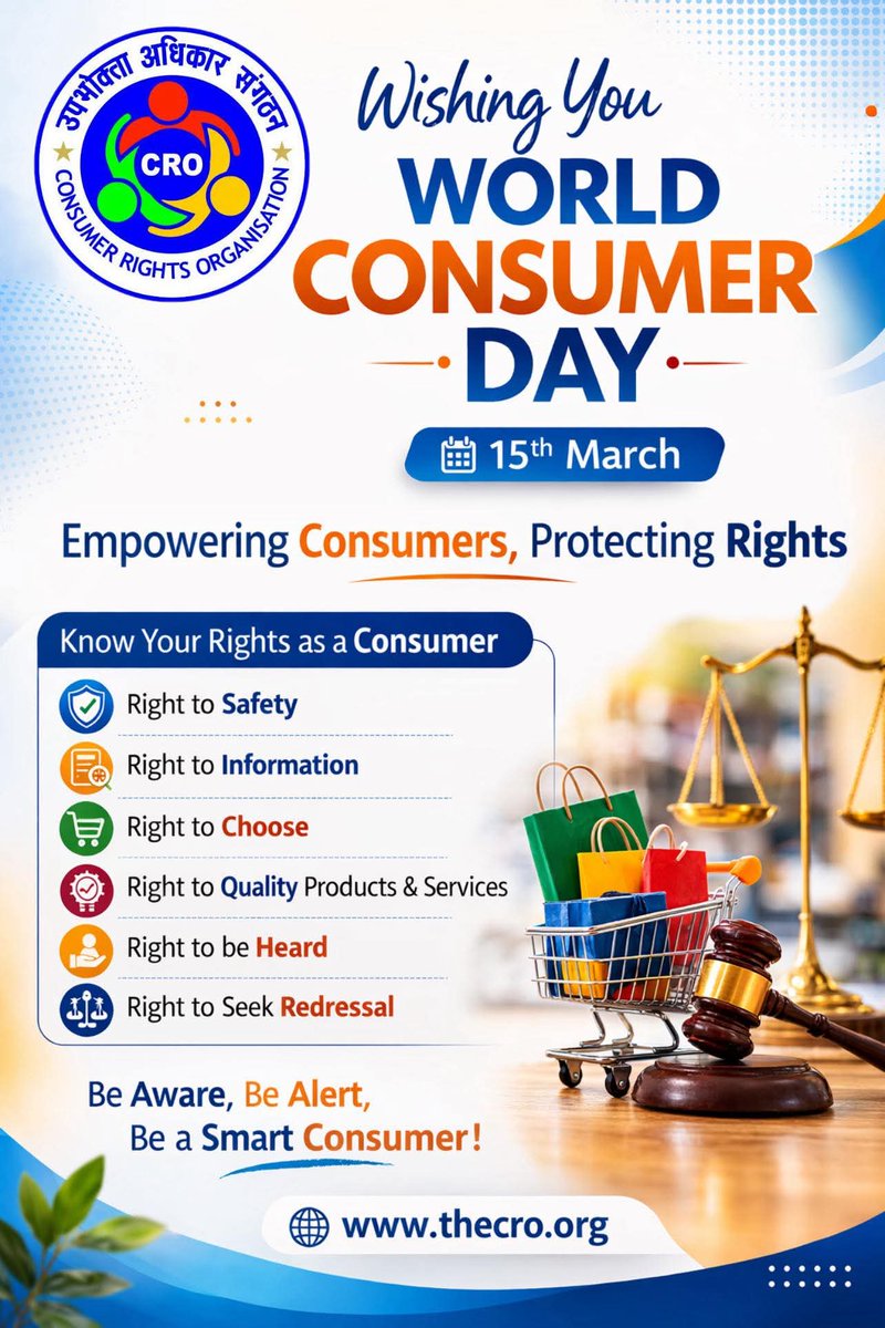 thecroindia's tweet photo. On World Consumer Rights Day – 15 March, let us take a pledge to stand for consumer justice and spread awareness across India.
Let’s build an India where every consumer is informed, protected and respected.

#WorldConsumerDay
#ConsumerRights
#ConsumerAwareness
#CROIndia https://t.co/ZB4zrlETrK