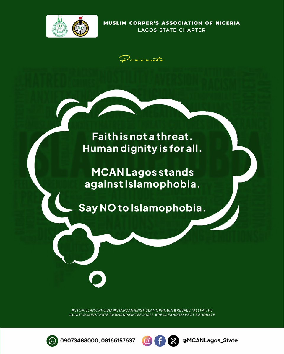 MCANLagos_State's tweet photo. 🛑 Stop Islamophobia!
🛑Stop judging Muslims through harmful stereotypes!
It’s time to replace stereotypes with understanding and choose humanity over prejudice.
Stand for respect. Help stop Islamophobia.
Follow, Like & Share
.
#ramadanday #religion #muslimtitok #islamophobia https://t.co/AsXflvbYaP