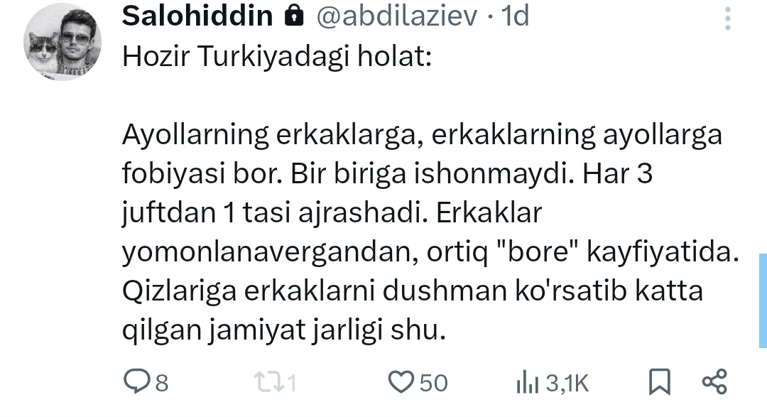 Menimcha bizda ham shunaqa oilaviy inqirozlar boshlanishini xohlamasak erkaklar ayollardan, ayollar erkaklardan nafratlanishni bas qilishi kerak. Oila qurishga motivatsiyani oʻldirib qoʻymaslik kerak.
Shubhasiz, odamga kerakdir odam.
Yolgʻizlik- ular aytganday jozibali emas.